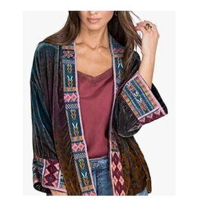 Johnny Was Purple Ombré Velvet Cropped Kimono‎ Cardigan Embroidery Boho Size S